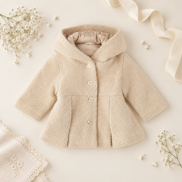 Cappotto bimba beige con cappuccio e bottoni