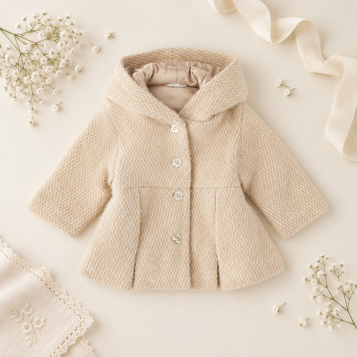 Cappotto bimba beige con cappuccio e bottoni