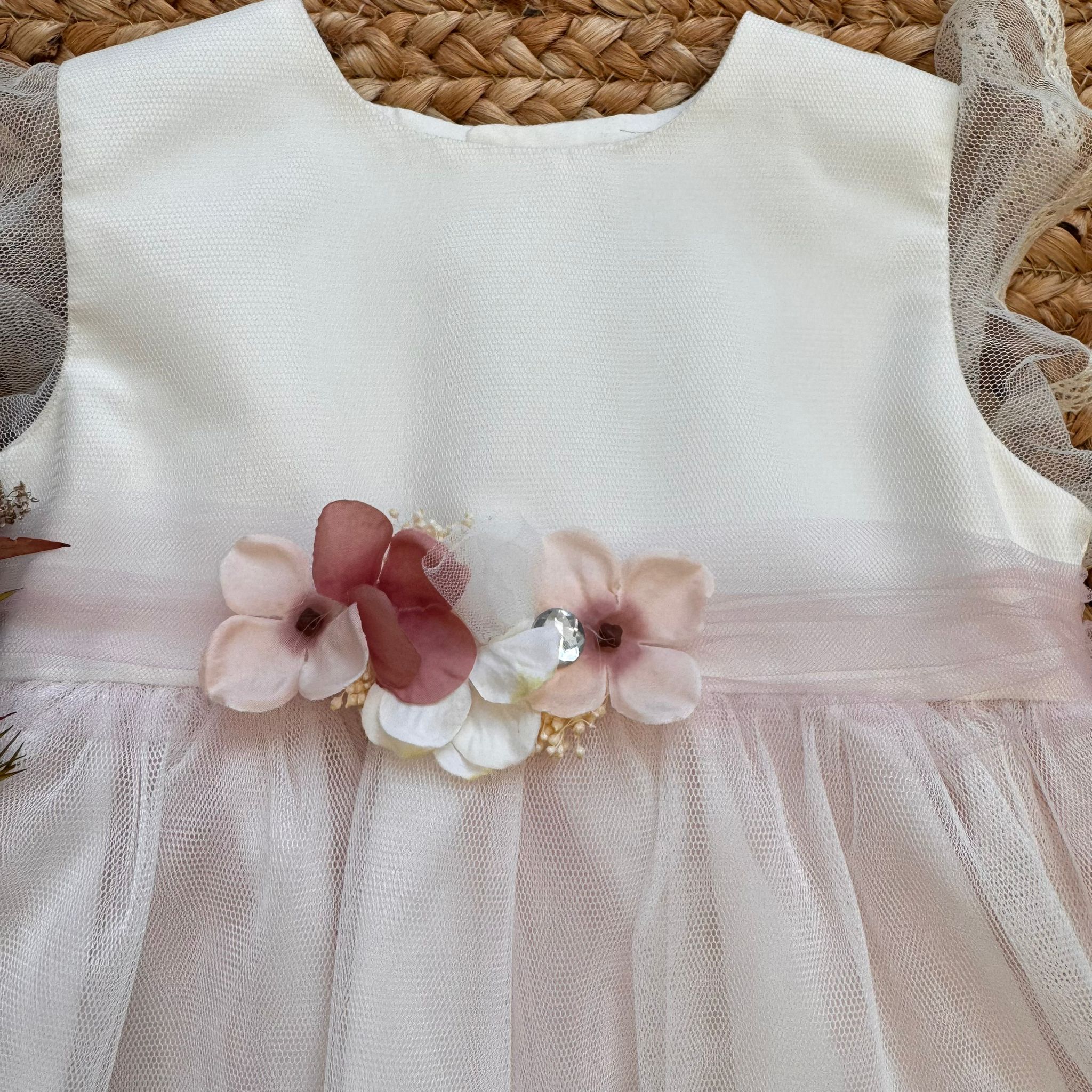 ABITO BATTESIMO BIMBA CON TULLE ROSA E FIORI 3D