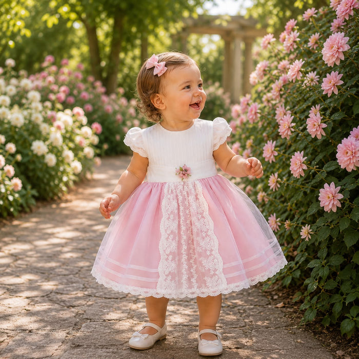 ABITO BATTESIMO ROSA CON FIORE E PIZZO