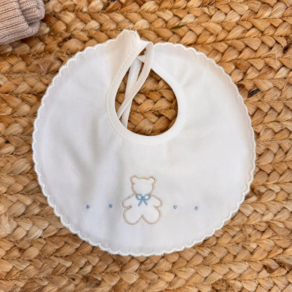 Bavaglino neonato con orsetto ricamato e fiocchetto azzurro