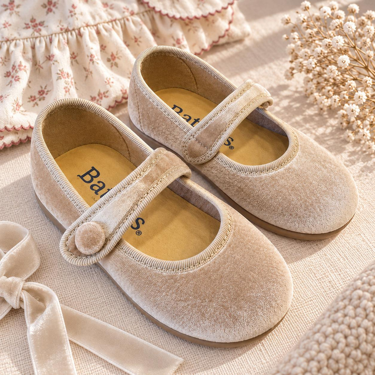 Ballerine bimba in velluto beige modello Mary Jane viste dall’alto