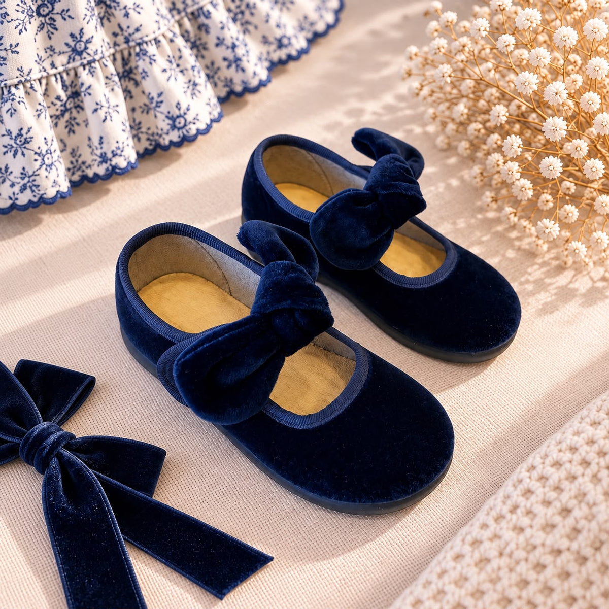 Ballerine da bimba in velluto blu con maxi fiocco in ambientazione elegante