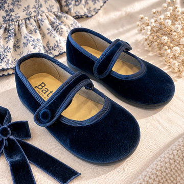 Ballerina Mary Jane bimba in velluto blu navy