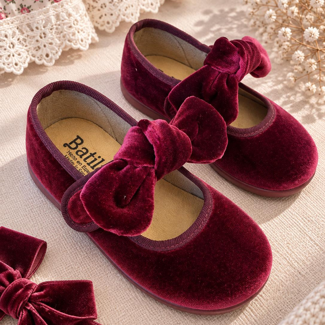 Ballerine bimba in velluto bordeaux con maxi fiocco tono su tono