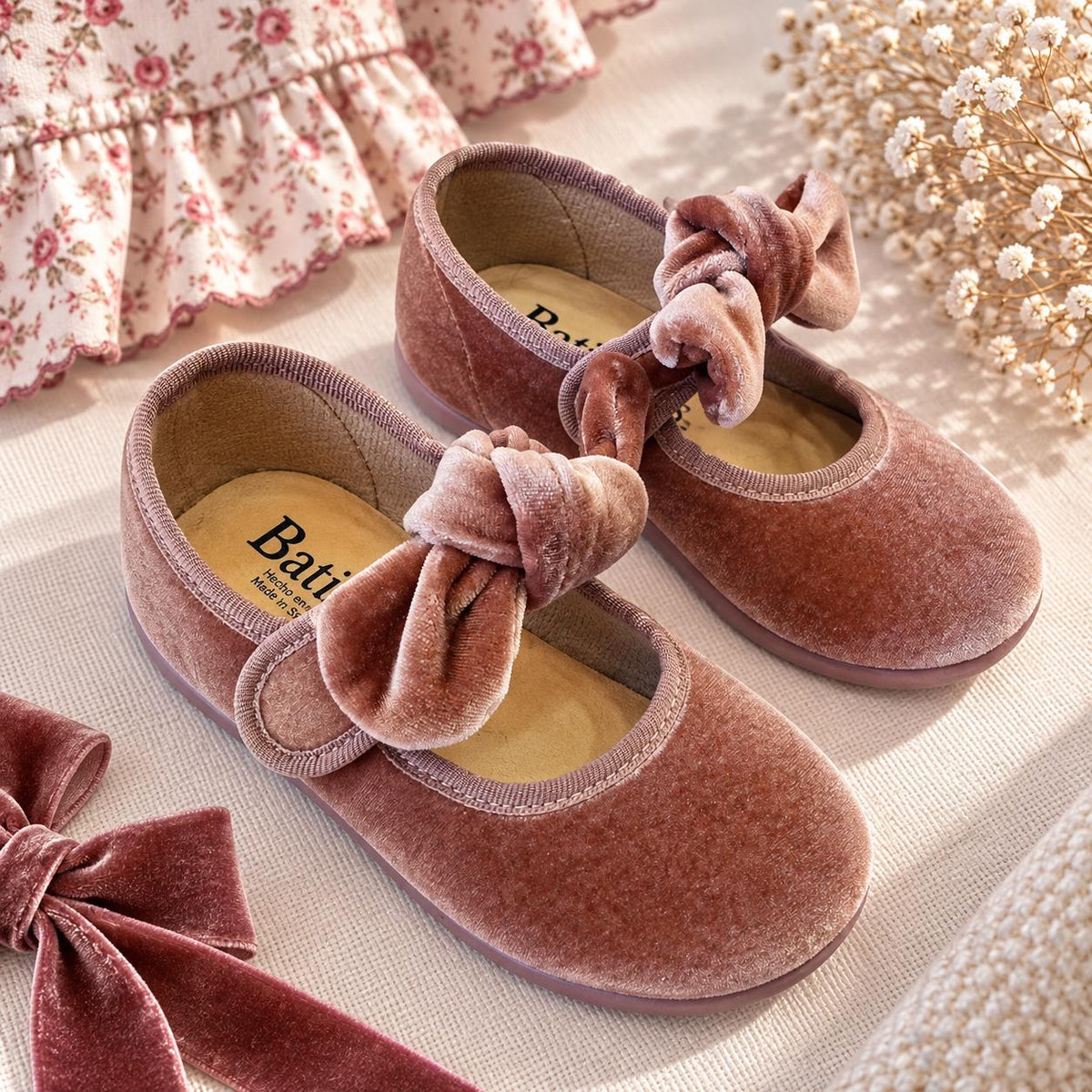 Ballerine da bimba in velluto rosa antico con maxi fiocco in ambientazione elegante