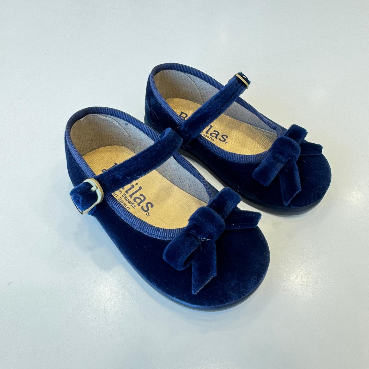 Ballerine mary jane blu da bambina in velluto con fiocco e cinturino