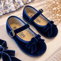 Ballerine mary jane blu da bambina in velluto con fiocco e cinturino