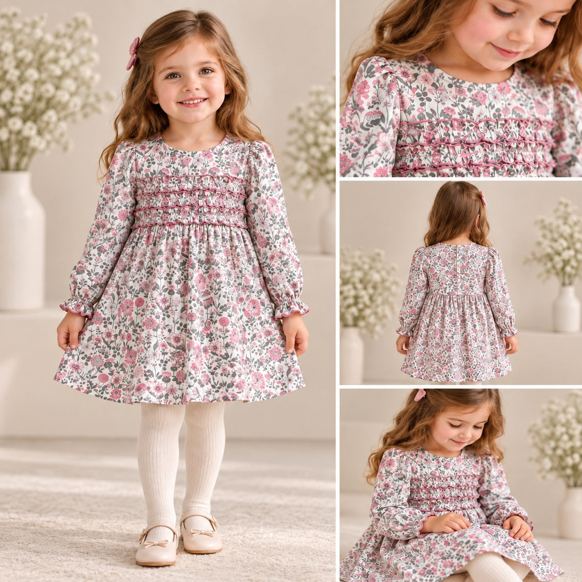 Abito bimba floreale rosa con volant decorativi e manica lunga