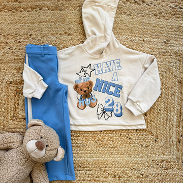 completo bambina felpa panna con orsetto 3D e pantaloni azzurri con banda laterale