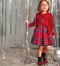 bambina indossa abito scozzese rosso per le feste (senza cardigan incluso)