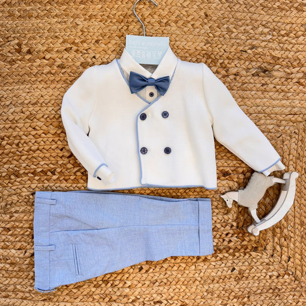 completo battesimo neonato lino e cotone con giacca doppiopetto e papillon blu