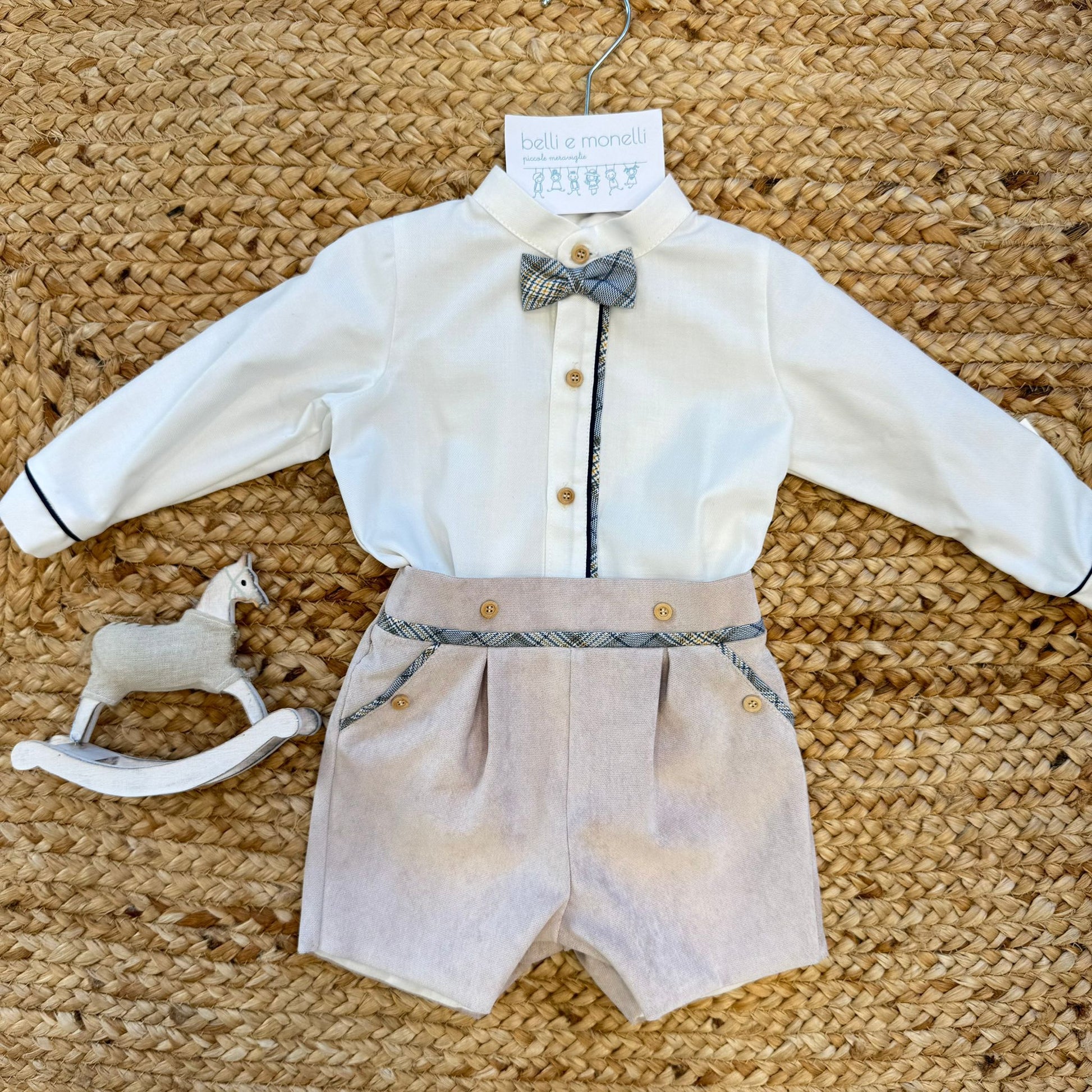 Completo battesimo neonato velluto sabbia con cardigan panna