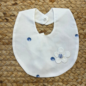 Bavaglino neonata bianco con fiore ricamato e pois blu