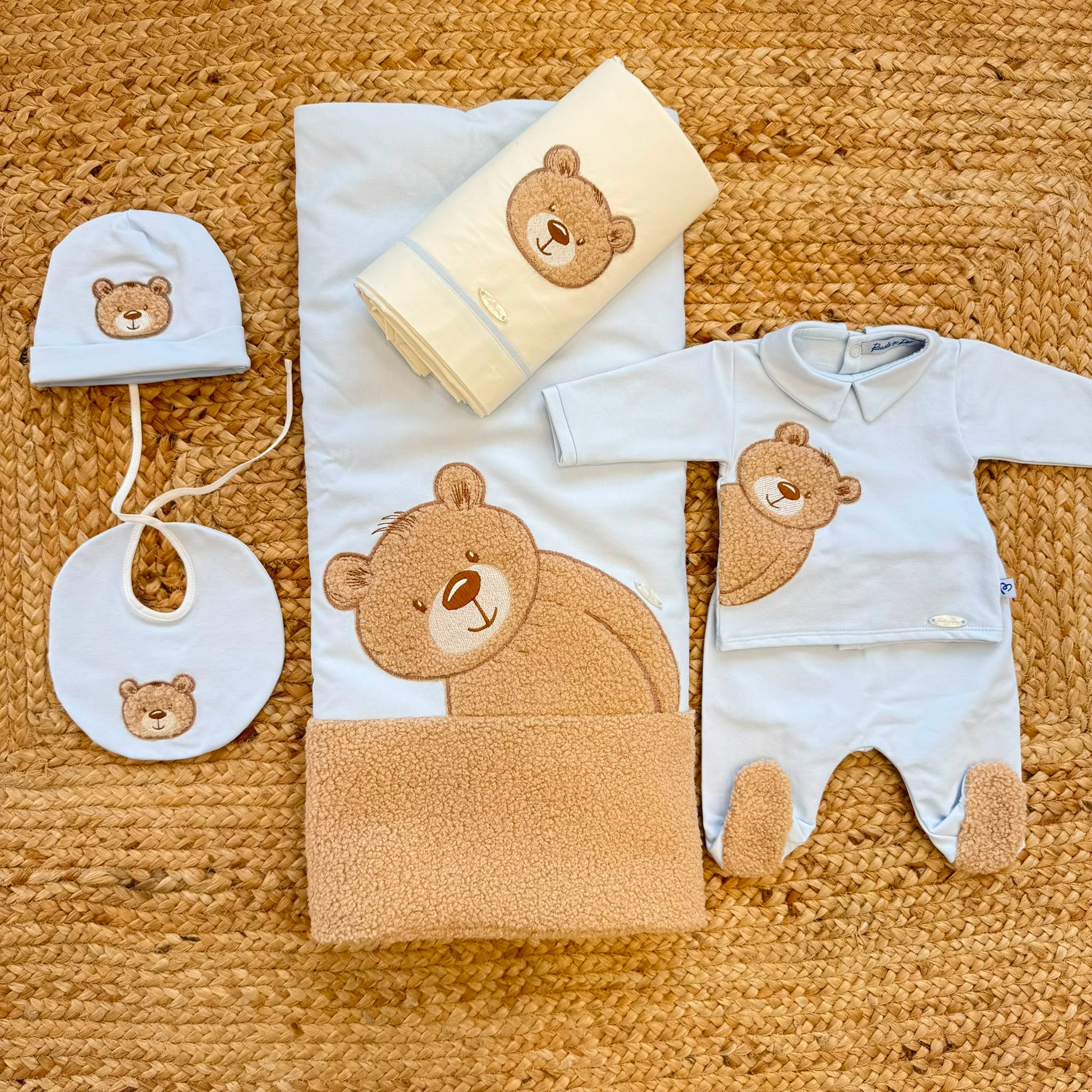 Uscita clinica neonato azzurra in caldo cotone con orsetto Teddy e copertina sfoderabile 85x68 cm