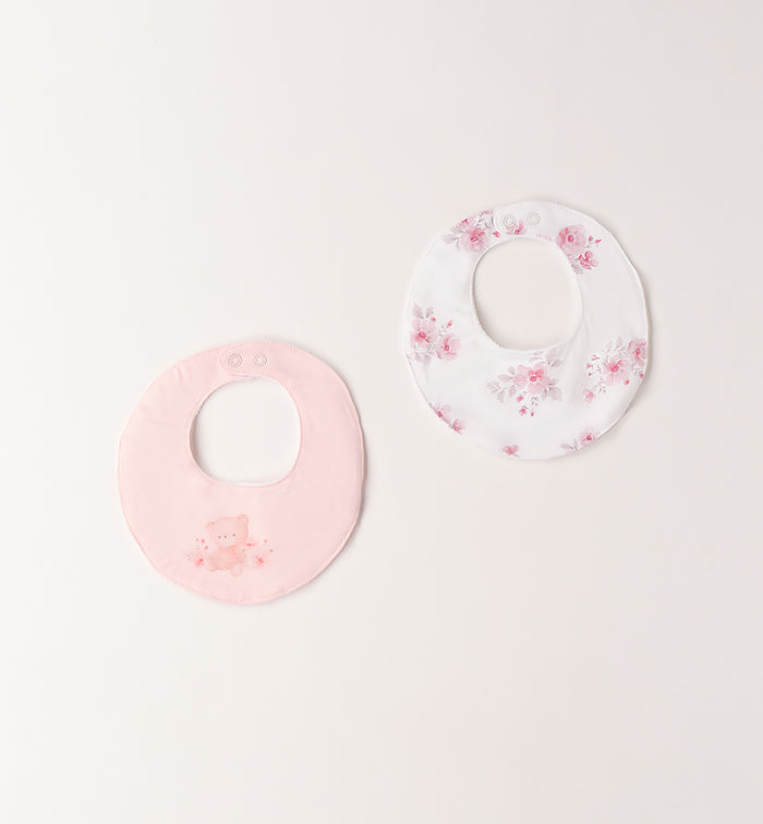 Set due bavette neonata in cotone elasticizzato rosa e floreale