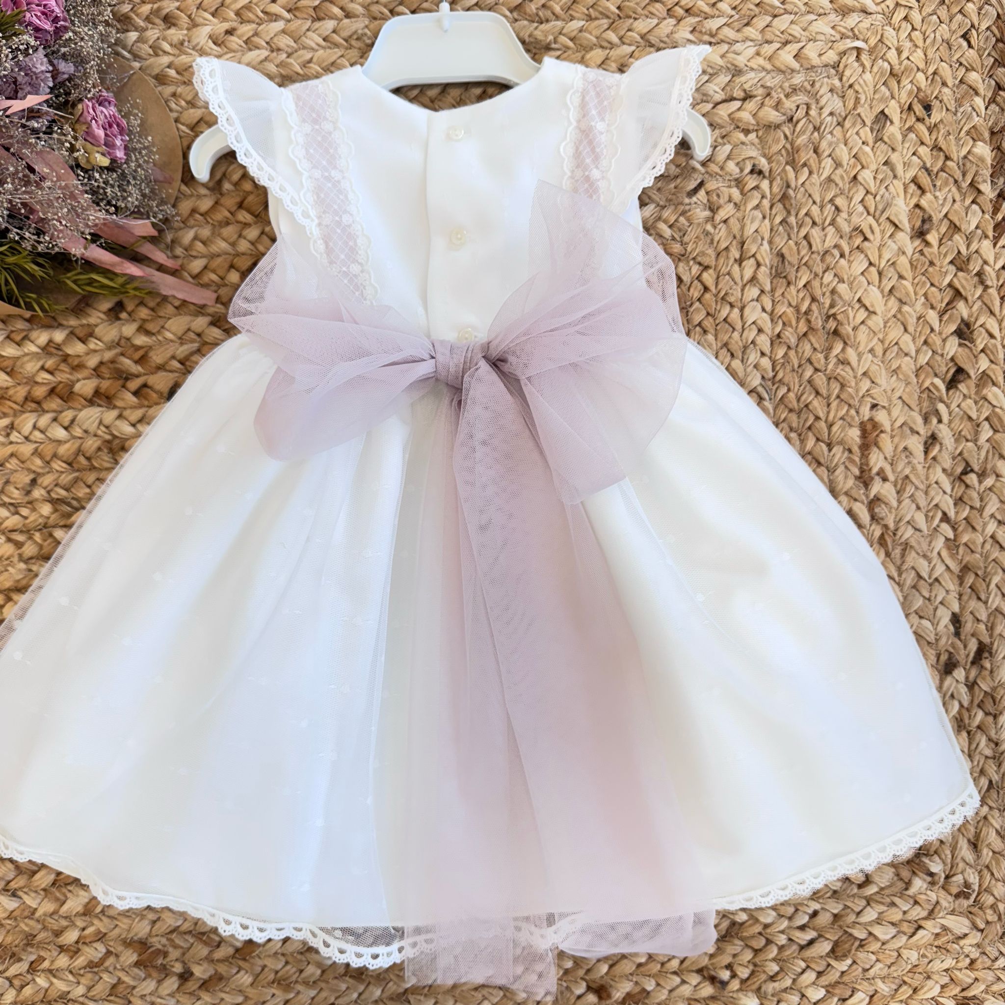 ABITO BATTESIMO BIANCO NEONATA CON PIZZO E FIOCCO CIPRIA
