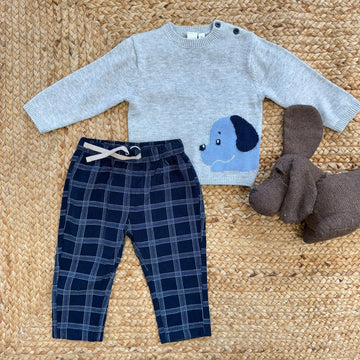 Completo bambino maglia grigia cane e pantalone a quadri blu