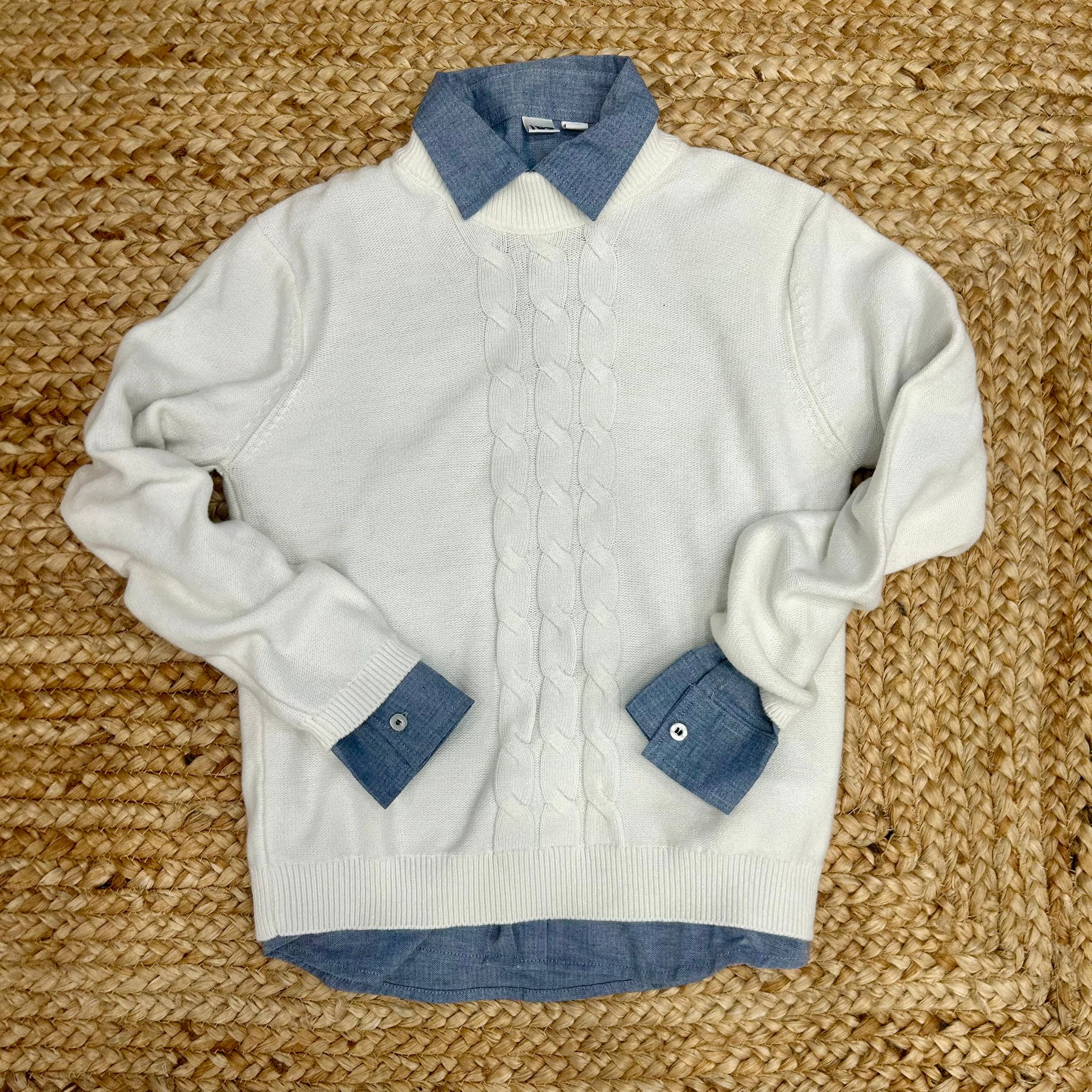 Maglia bimbo panna con camicia integrata azzurra