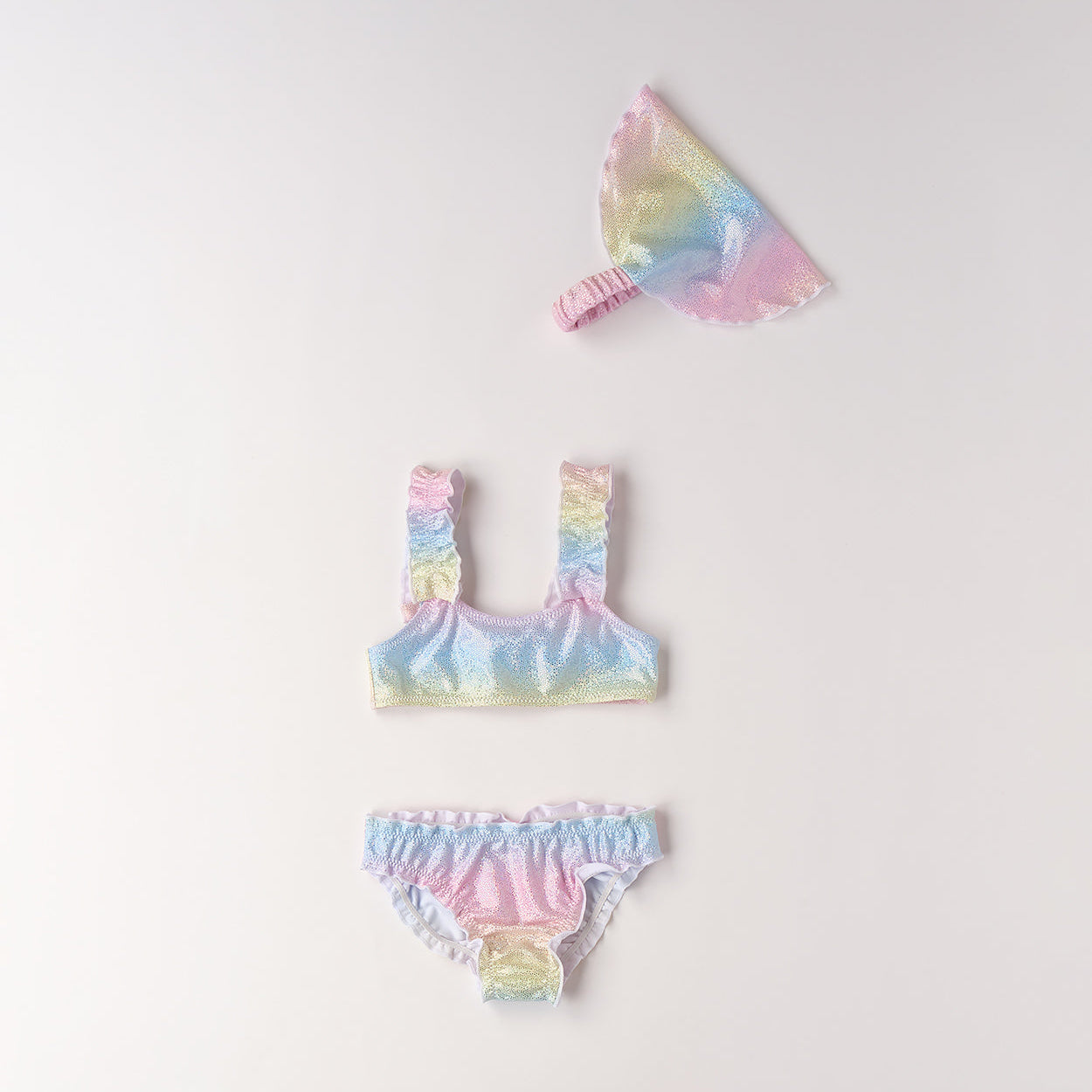 bikini bimba arcobaleno due pezzi con fascia e slip volant