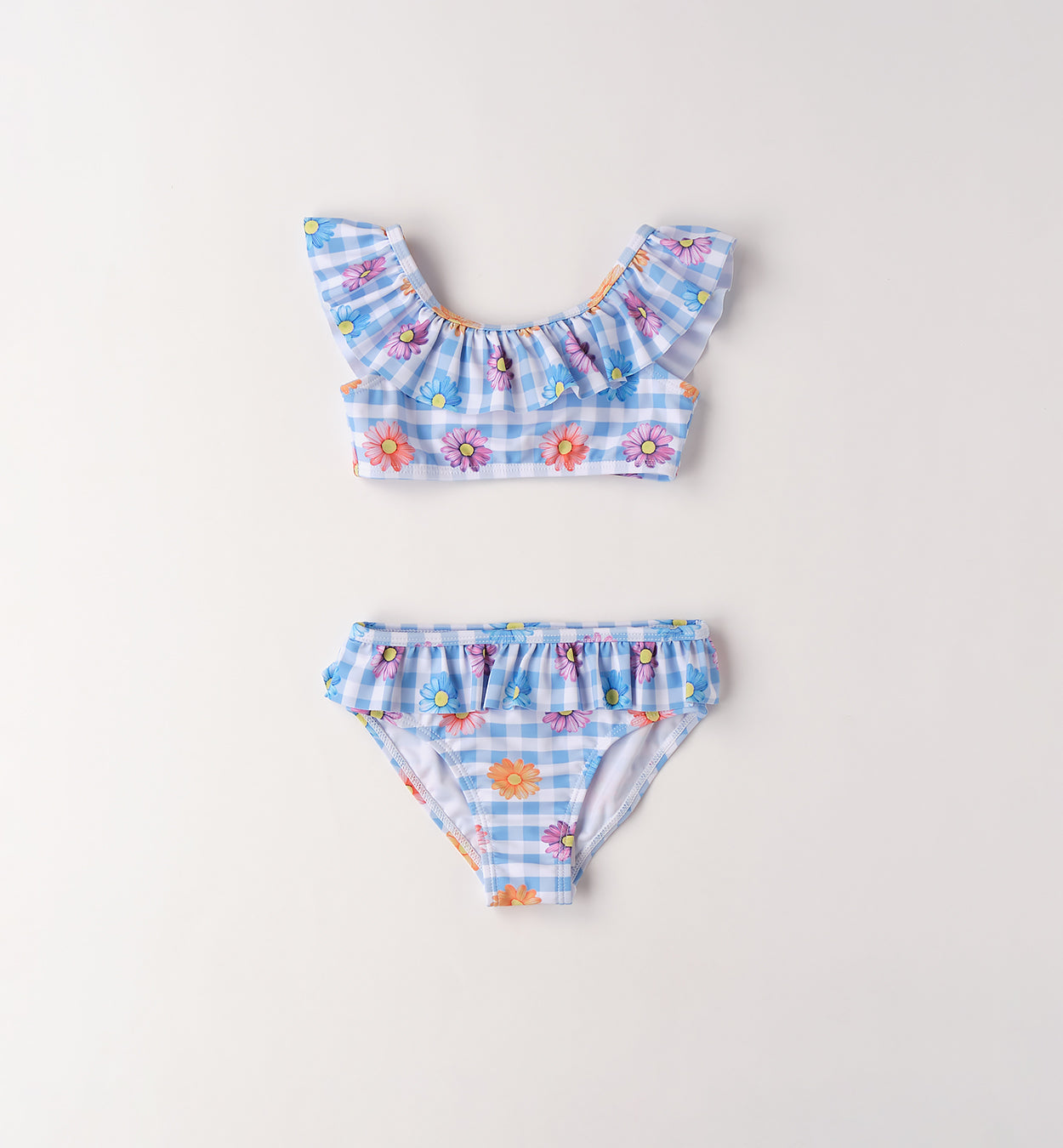 bikini bimba quadretti azzurri con fiori colorati e volant
