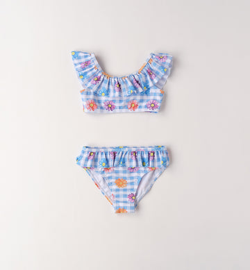 bikini bimba quadretti azzurri con fiori colorati e volant