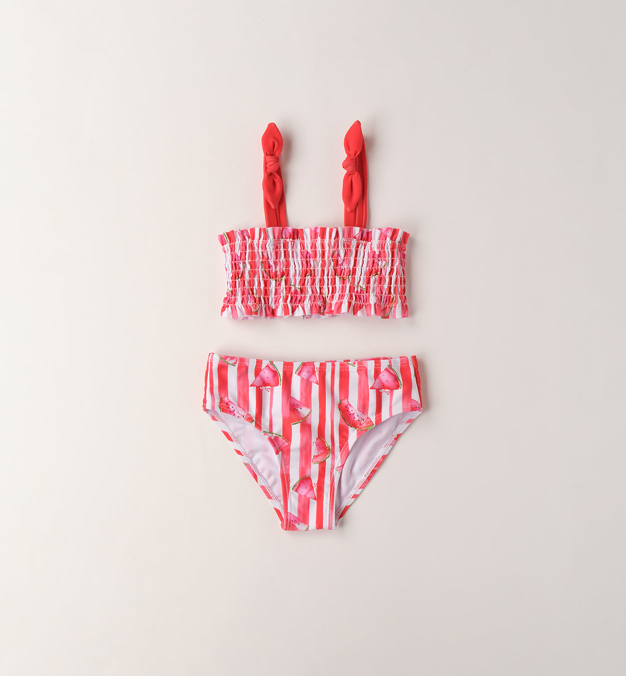 bikini bimba righe rosse con stampa angurie top arricciato