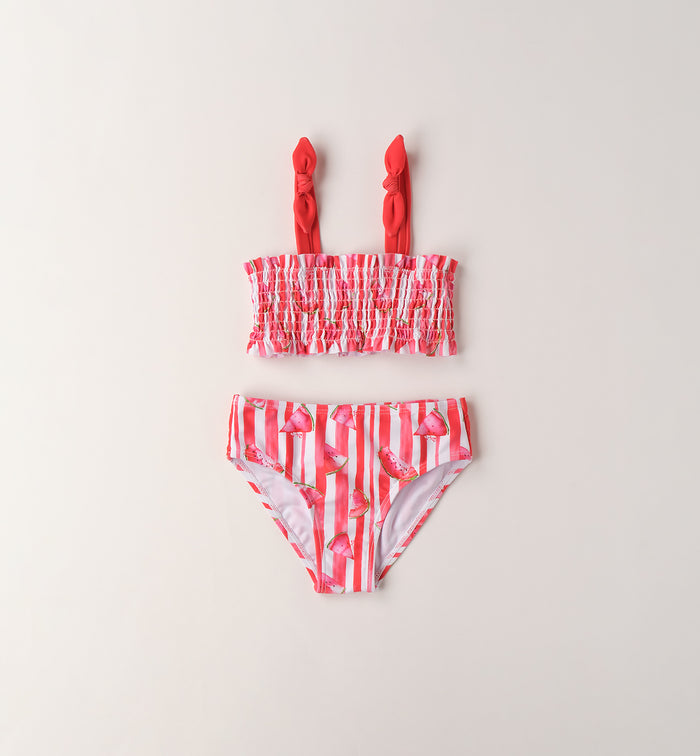 bikini bimba righe rosse con stampa angurie top arricciato