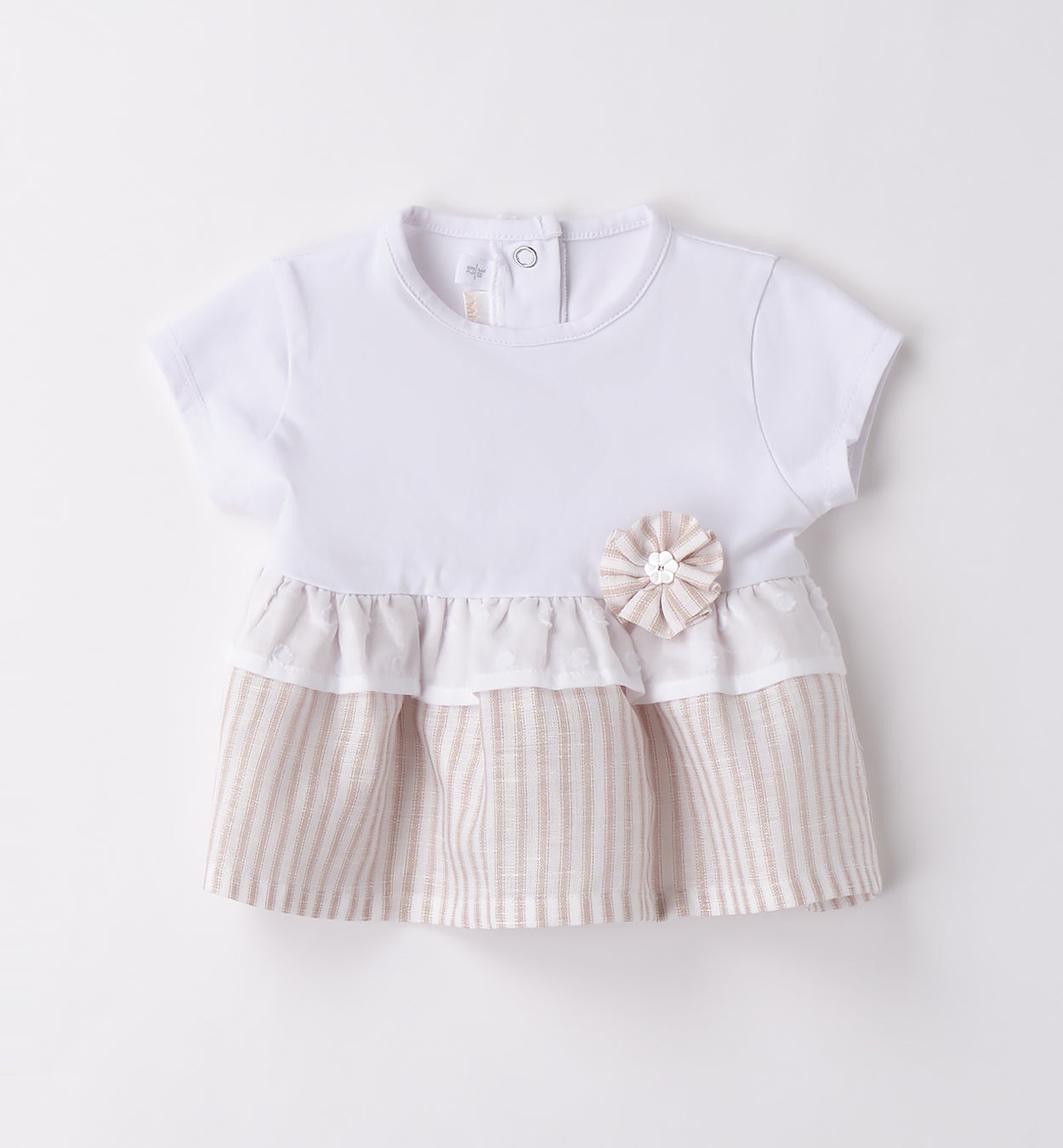 Blusa bianca per neonata con fiore applicato, balza in tulle e gonna a righe beige