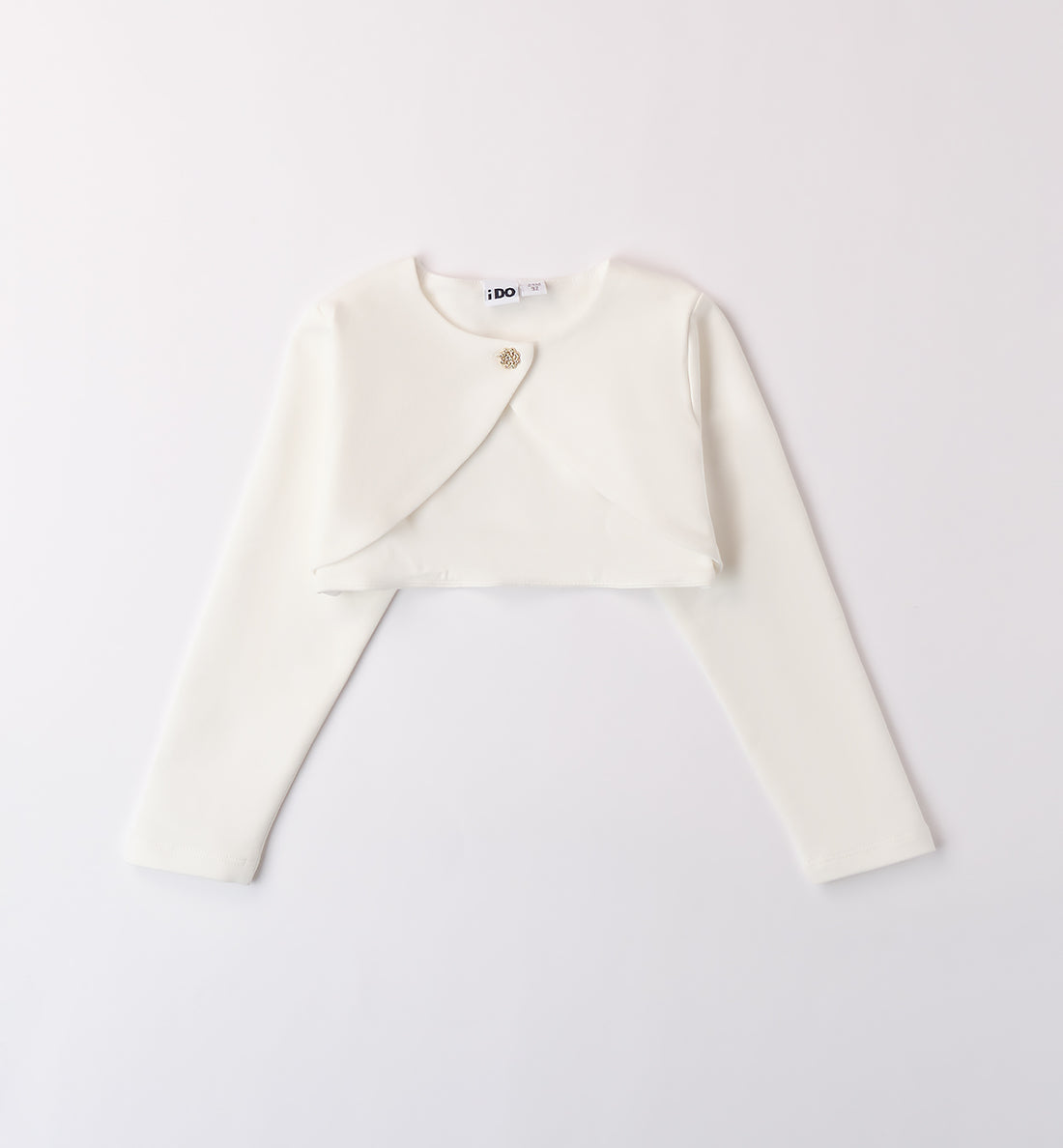 Bolerino bianco elegante per bambina con bottone gioiello vista frontale