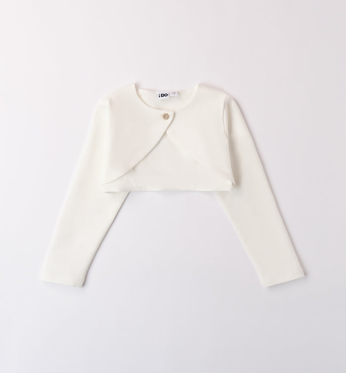 Bolerino bianco elegante per bambina con bottone gioiello vista frontale