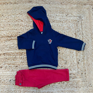 Completo bimbo felpa blu con cappuccio e pantalone rosso