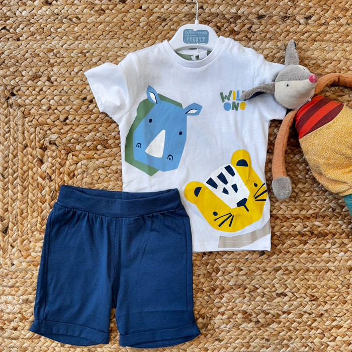 COMPLETO NEONATO ESTIVO – T-SHIRT STAMPATA E SHORTS BLU