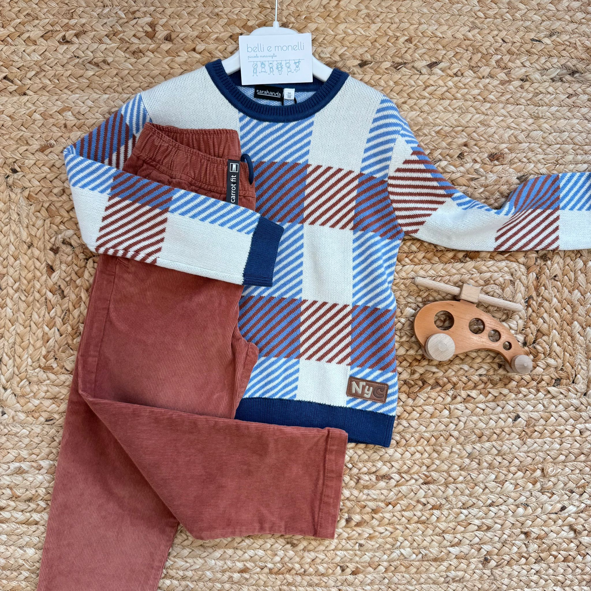 Completo bambino maglia quadri e pantaloni velluto