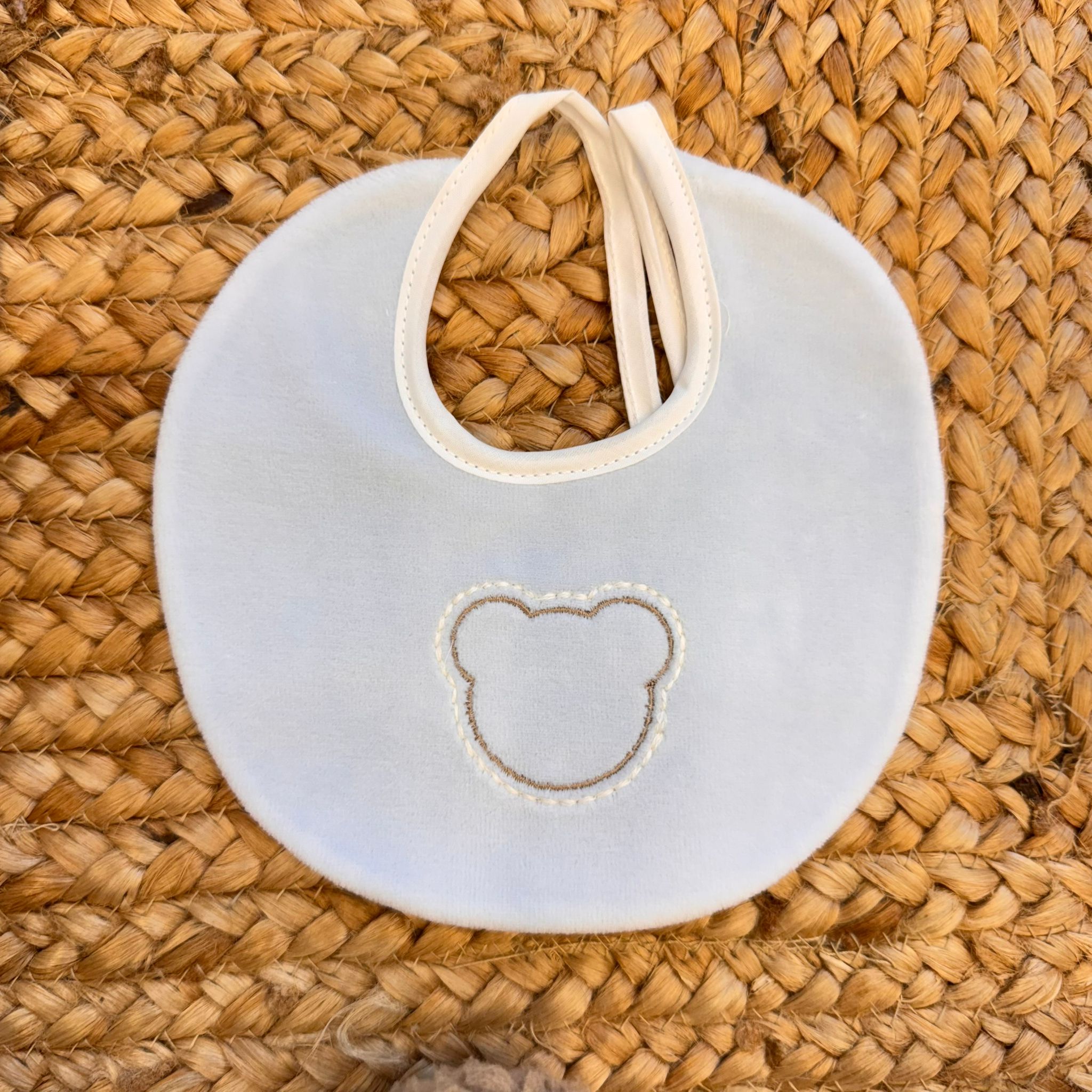 Uscita clinica neonato ciniglia celeste e beige con orsetto