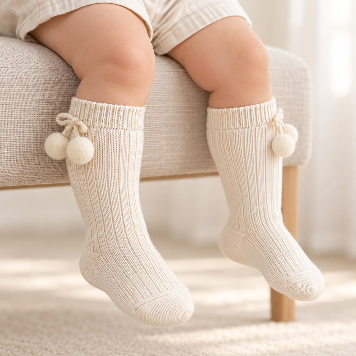 Calzettoni neonato unisex beige chiaro indossati, con lavorazione a costine verticali, bordo superiore a coste e pompon laterali tono su tono.