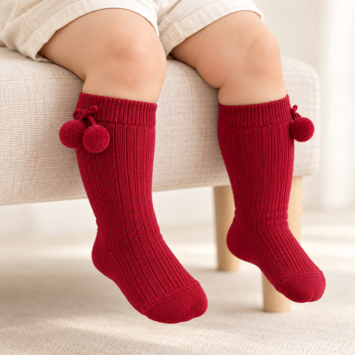 Calzettoni neonato unisex rosso bordeaux a costine con morbidi pompon laterali. Eleganti e raffinati, perfetti per pagliaccetti e completini nascita.
