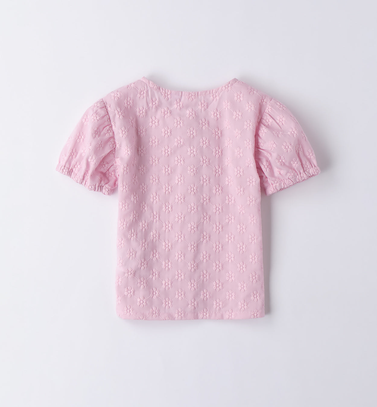 Camicetta rosa bimba con ricami floreali e maniche corte