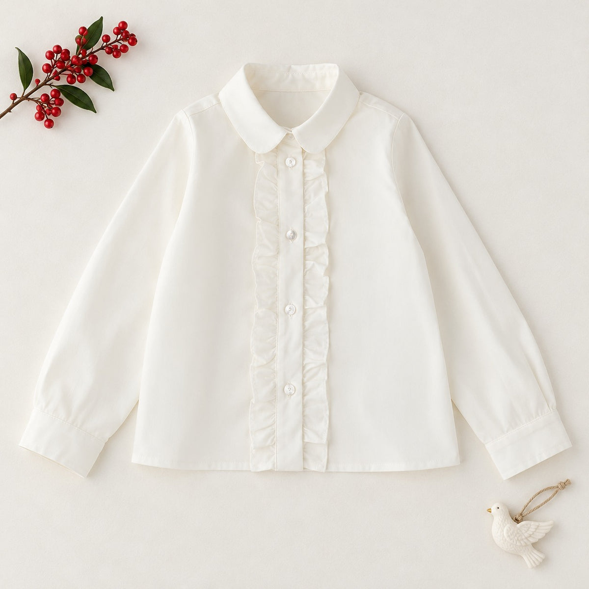 	Camicia bambina bianca iDO in cotone con colletto arrotondato e rouches frontali
