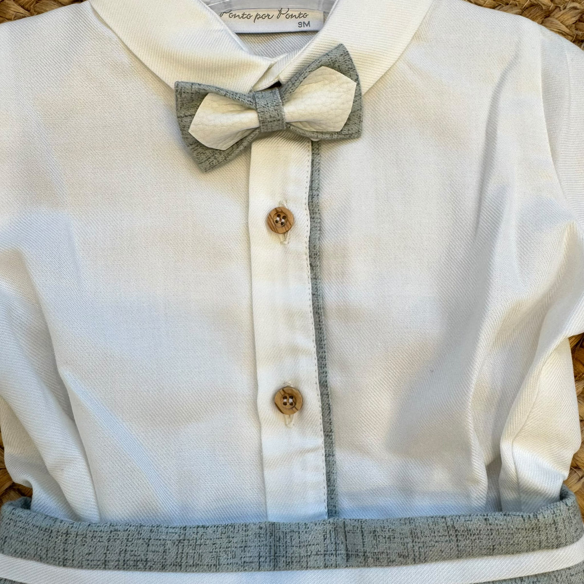 Completo battesimo bimbo verde grigio e bianco con papillon