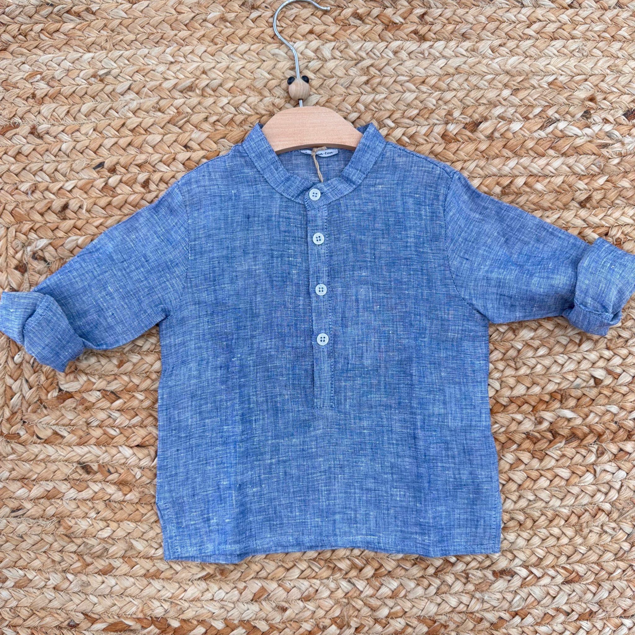 Camicia neonato in lino blu con colletto coreano e maniche lunghe