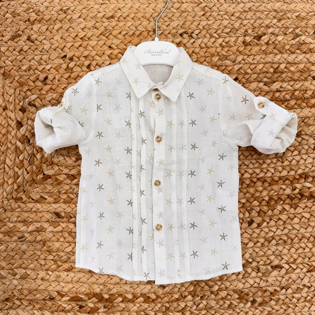 Camicia lino bambino Barcellino con stelle marine e pieghe frontali