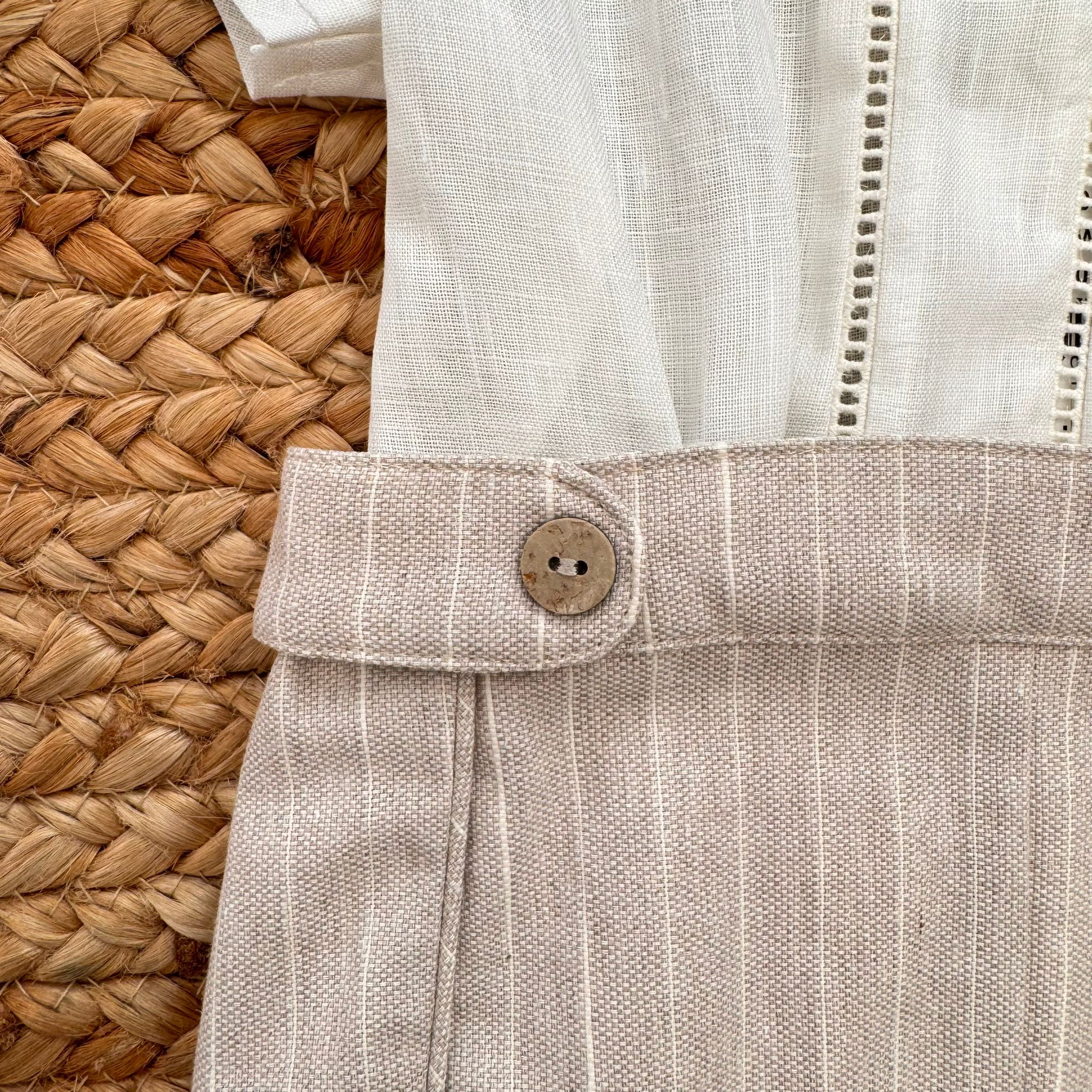 Completo battesimo bimbo in lino con pantaloncini beige a righe