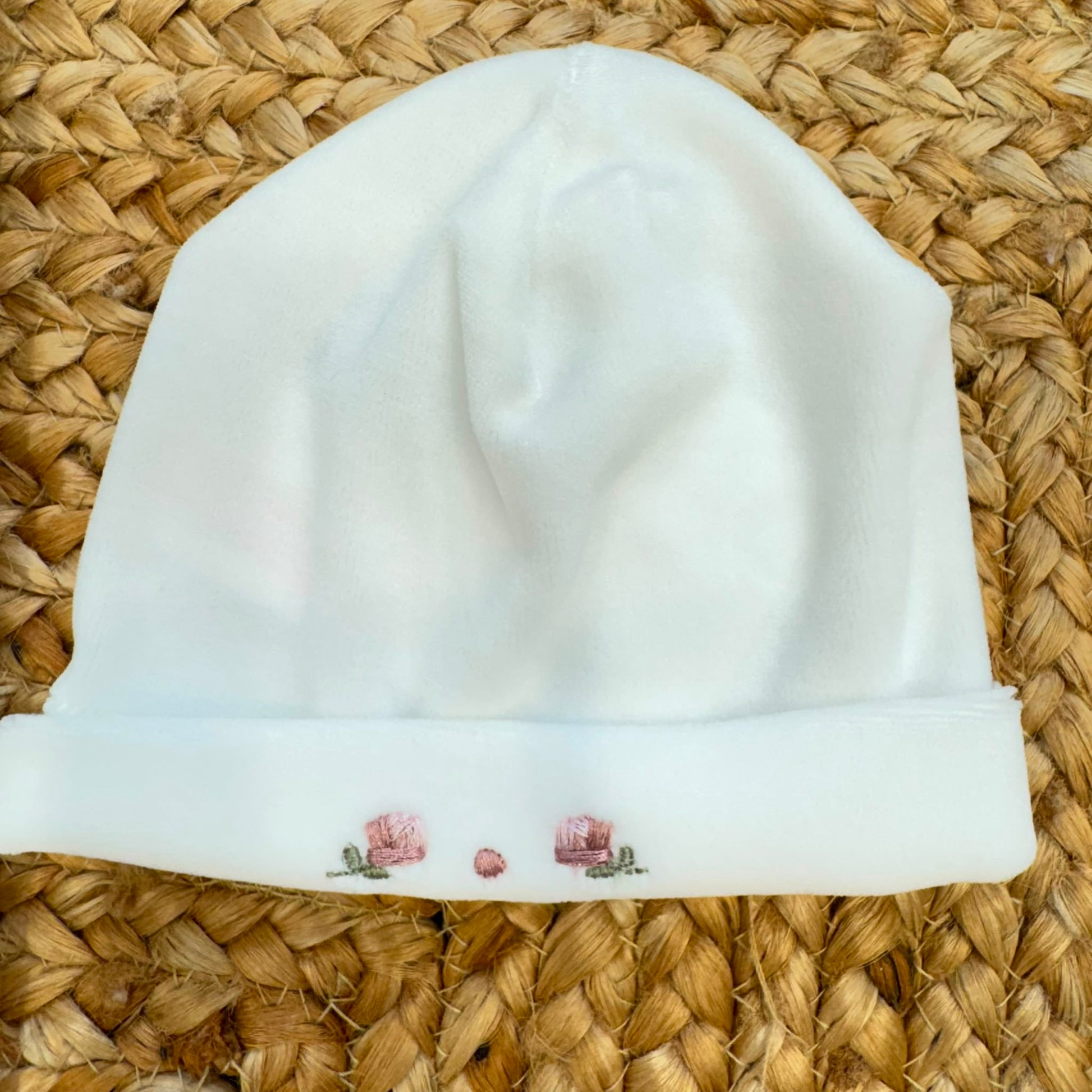 Uscita clinica neonata in ciniglia panna con copertina sfoderabile e fiocchi rosa Made in Italy.