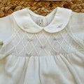 Uscita clinica neonata in pura lana panna con ricami rosa completa di copertina cappellino e scarpine