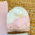 Uscita clinica neonata in pura lana con copertina ricamata nei colori latte, rosa cipria e beige Mars Made in Italy.