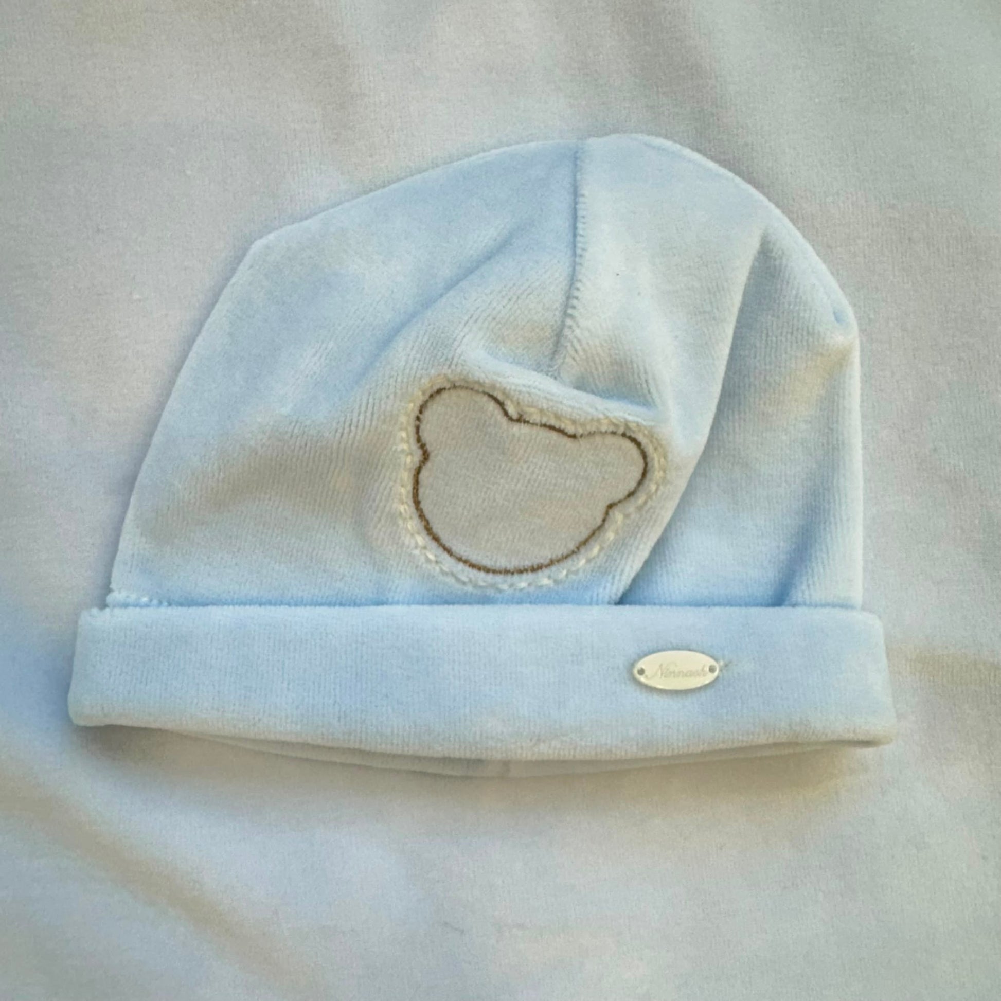 Uscita clinica neonato cielo e beige in ciniglia completa con copertina sfoderabile, tutina, cappellino e lenzuolino.