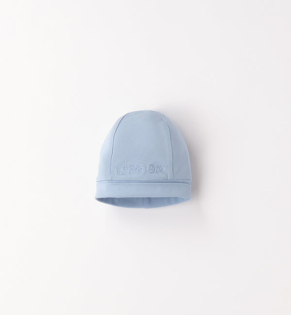 cappellino neonato azzurro in cotone con ricamo little boy