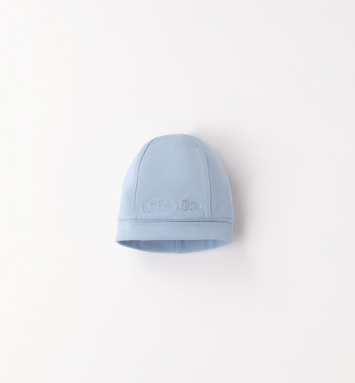 cappellino neonato azzurro in cotone con ricamo little boy