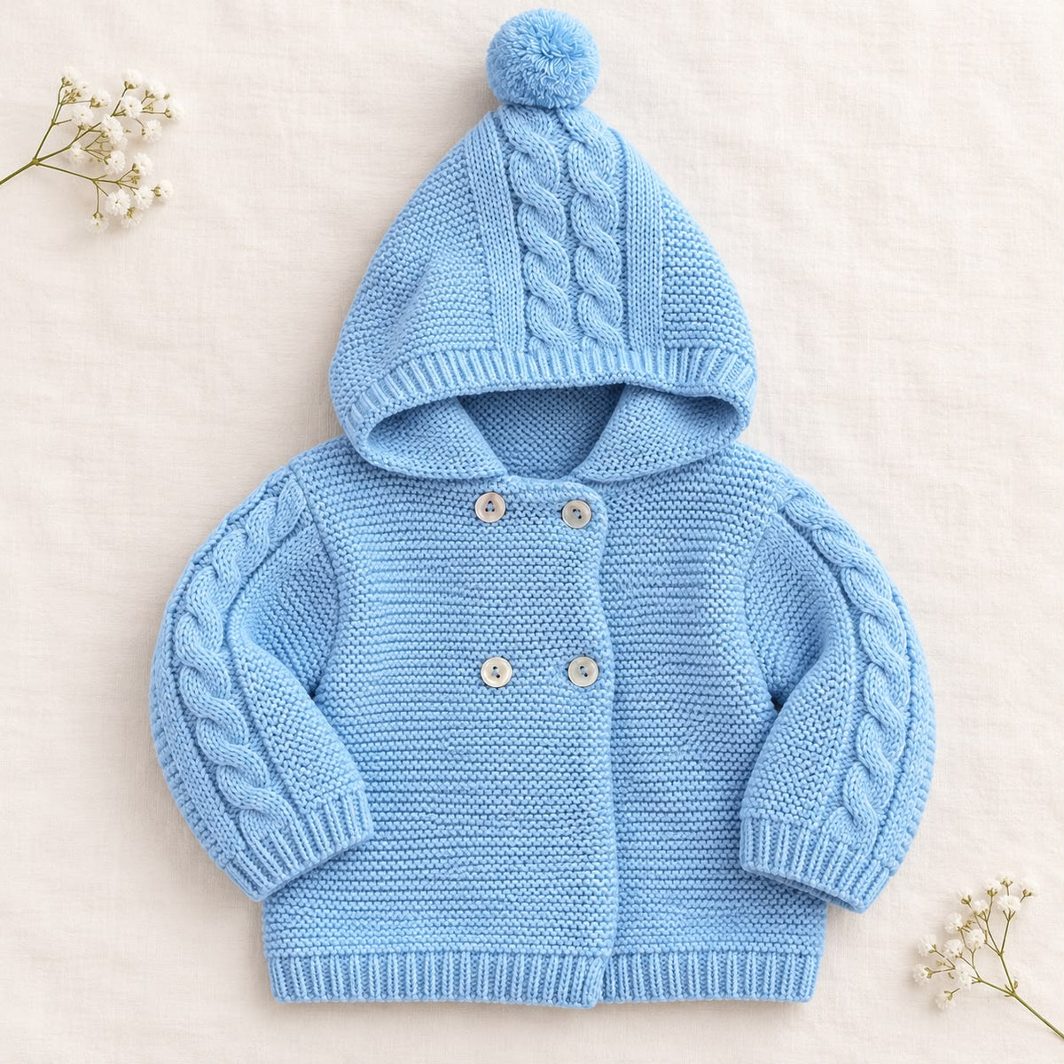 Cappottino battesimo bimbo azzurro chiaro in maglia con cappuccio e pompon, trecce decorative sulle maniche e chiusura doppiopetto.